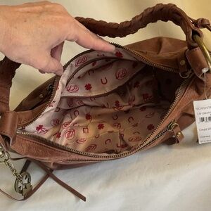 Lucky Brand Genuine Leather Brown Braided Strap Shoulder Bag Zipper Closure